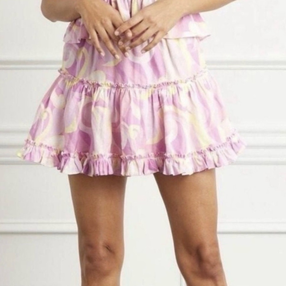 Hill House Tiered Ruffle Skirt Pink Yellow Swirl Print Elastic Waist Women's M